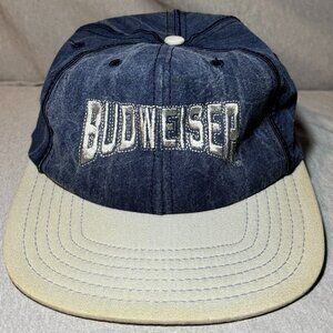 Vintage Budweiser Denim Blue USA Made Trucker Snapback Hat Mens Adjustable